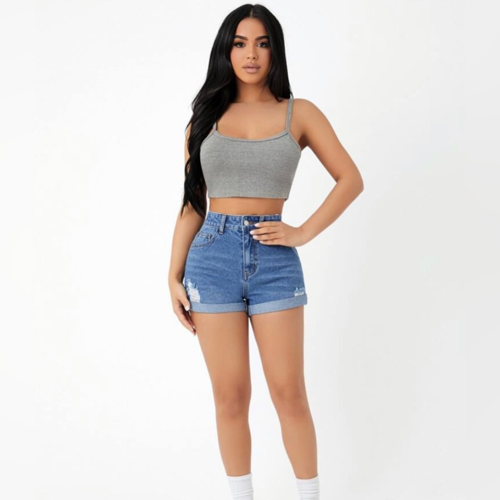 SHEIN PETITE ZIPPER CROPPED HIGH WAISTED SHORTS - MEDIUM - BLUE